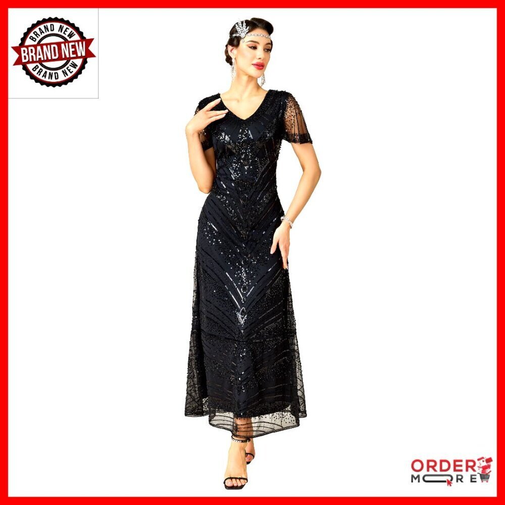 V-Neck Sequin Beaded Maxi Dress for Evening Party
